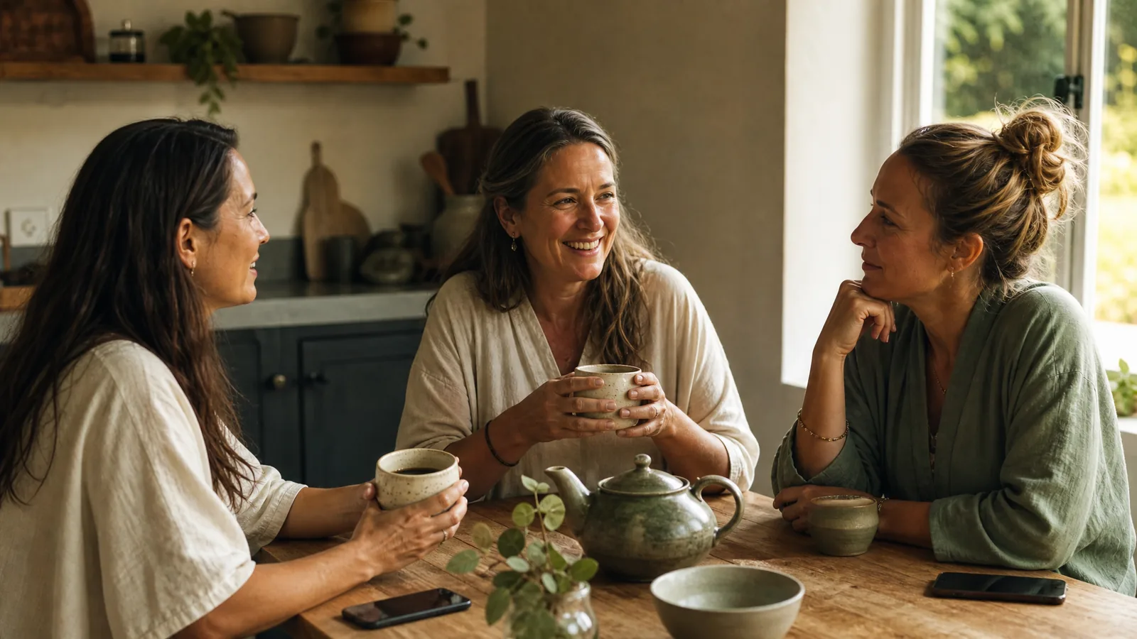 Three women talking over tea at a warm kitchen table by a bright window.