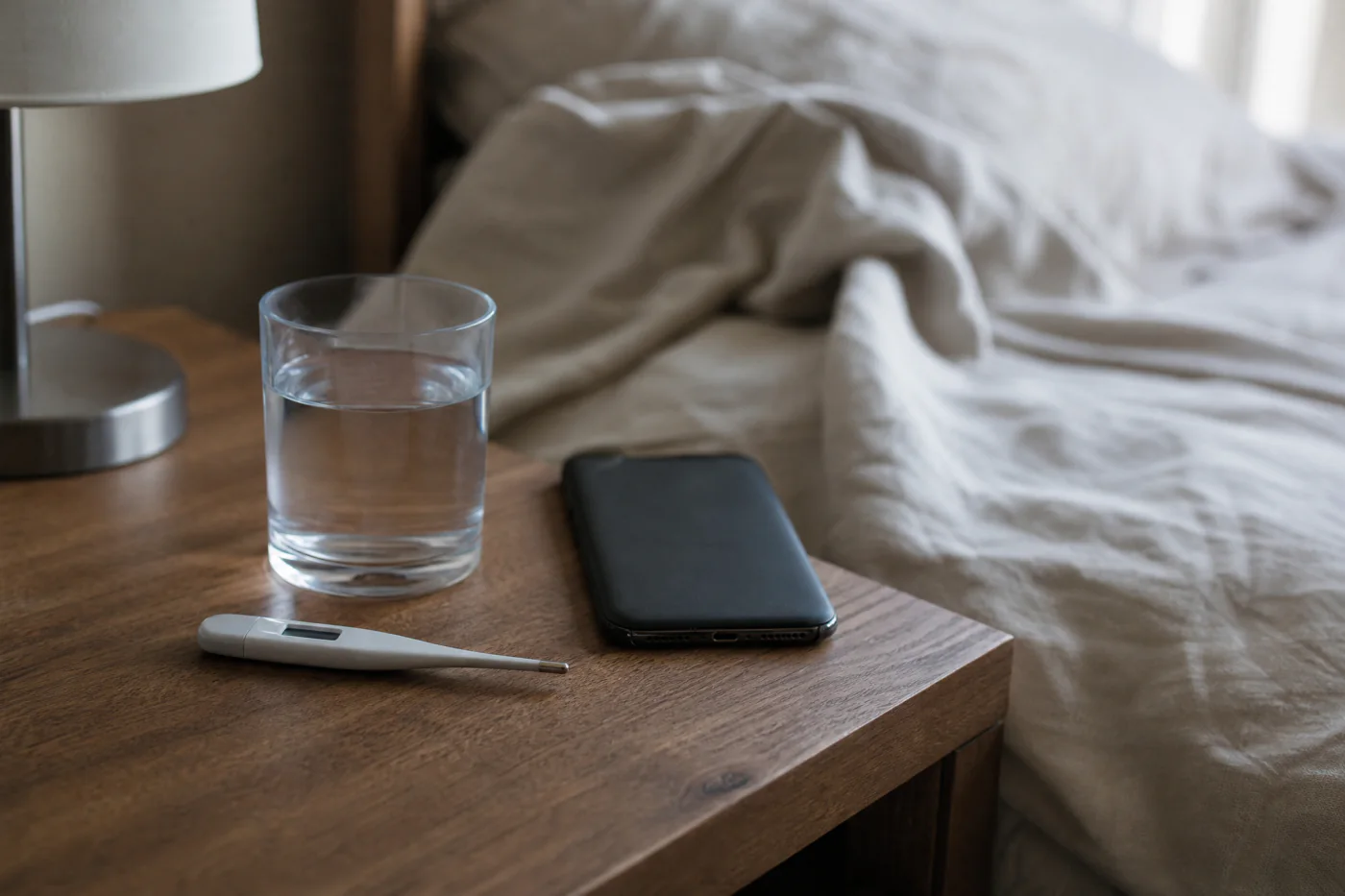 A basal thermometer on a nightstand beside a phone and a glass of water.