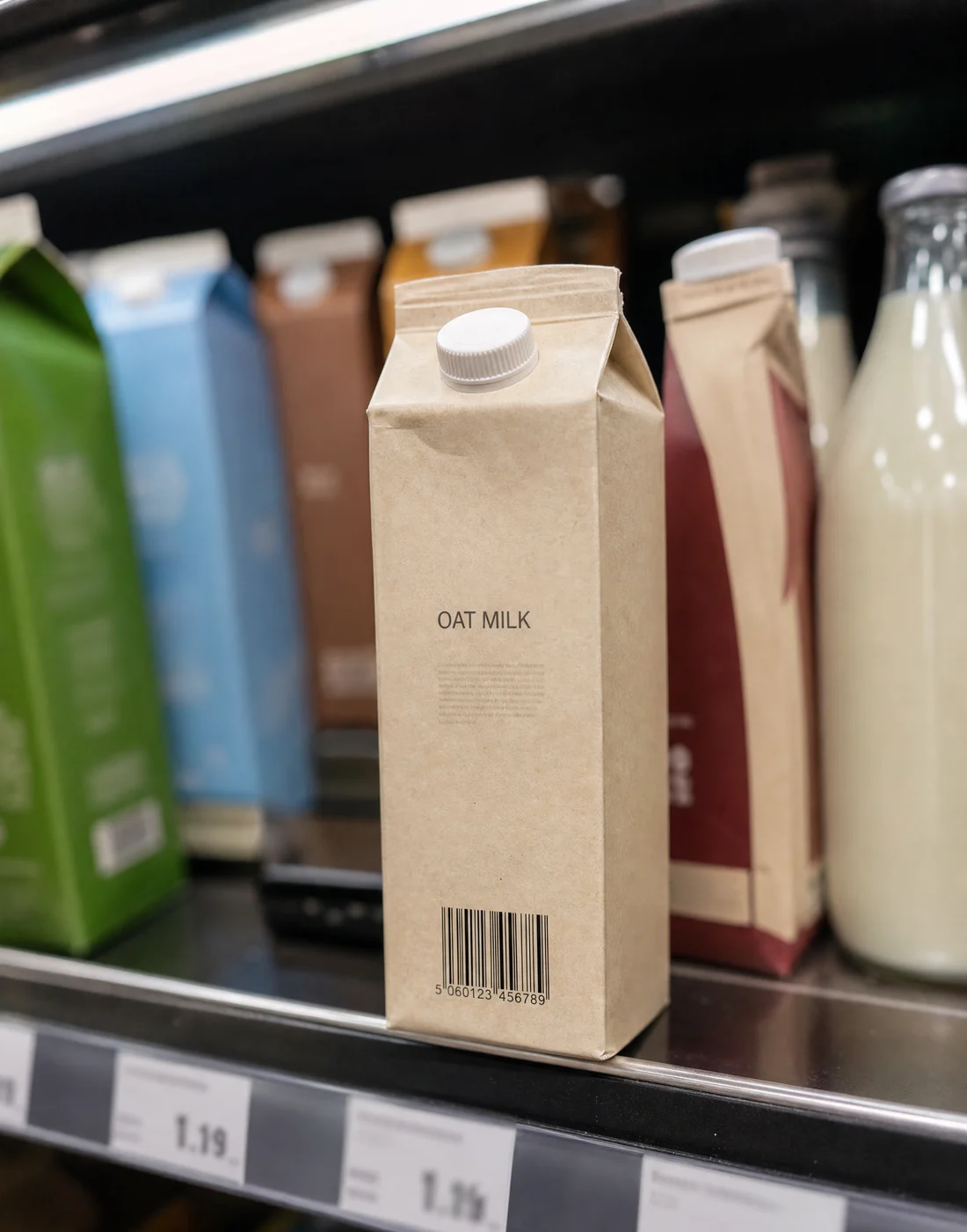 A phone camera pointed at a generic oat milk carton on a grocery shelf.