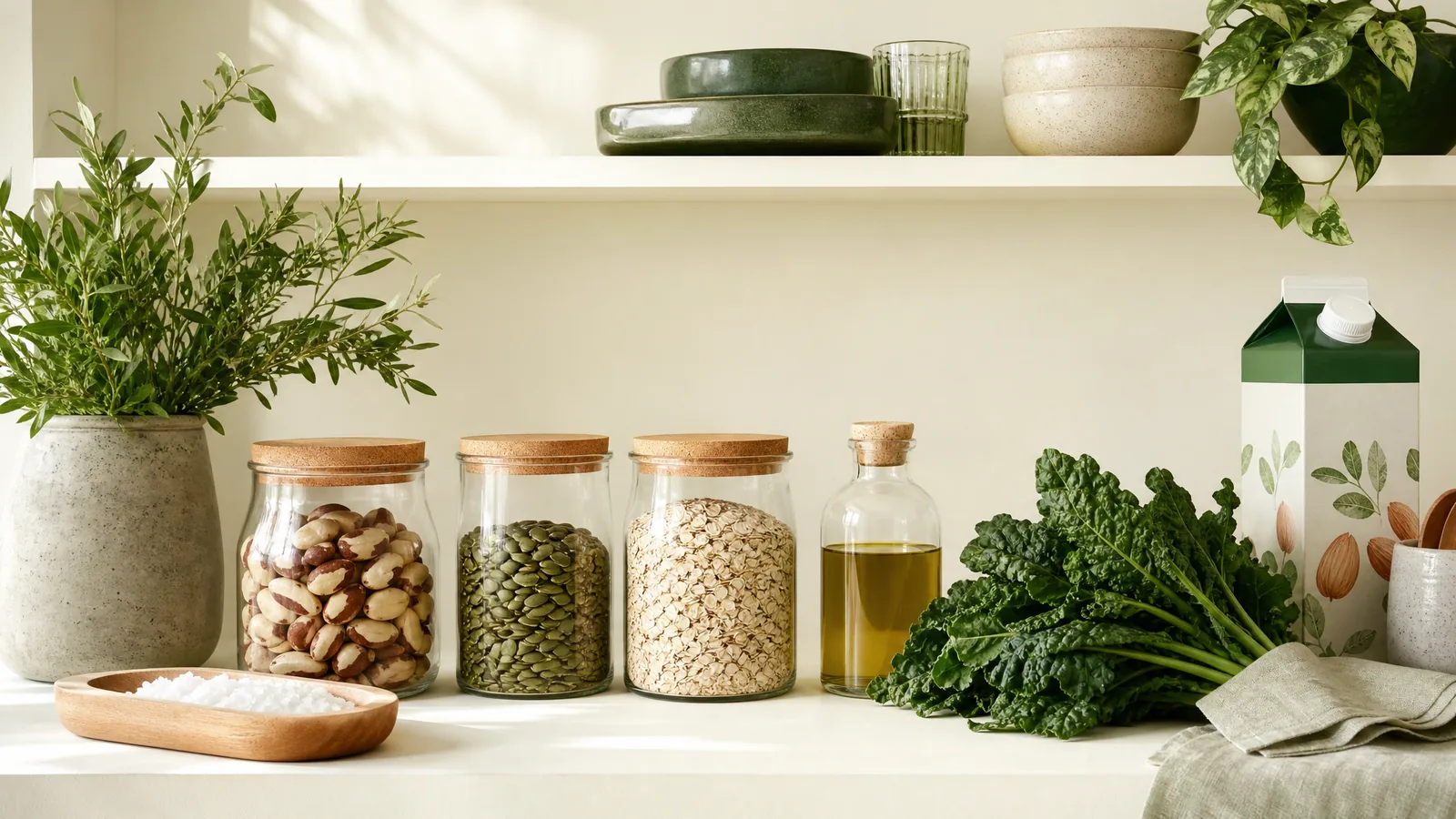 A cream pantry shelf with jars of brazil nuts, pumpkin seeds, and oats, a bottle of olive oil, fresh kale, and an almond creamer carton.
