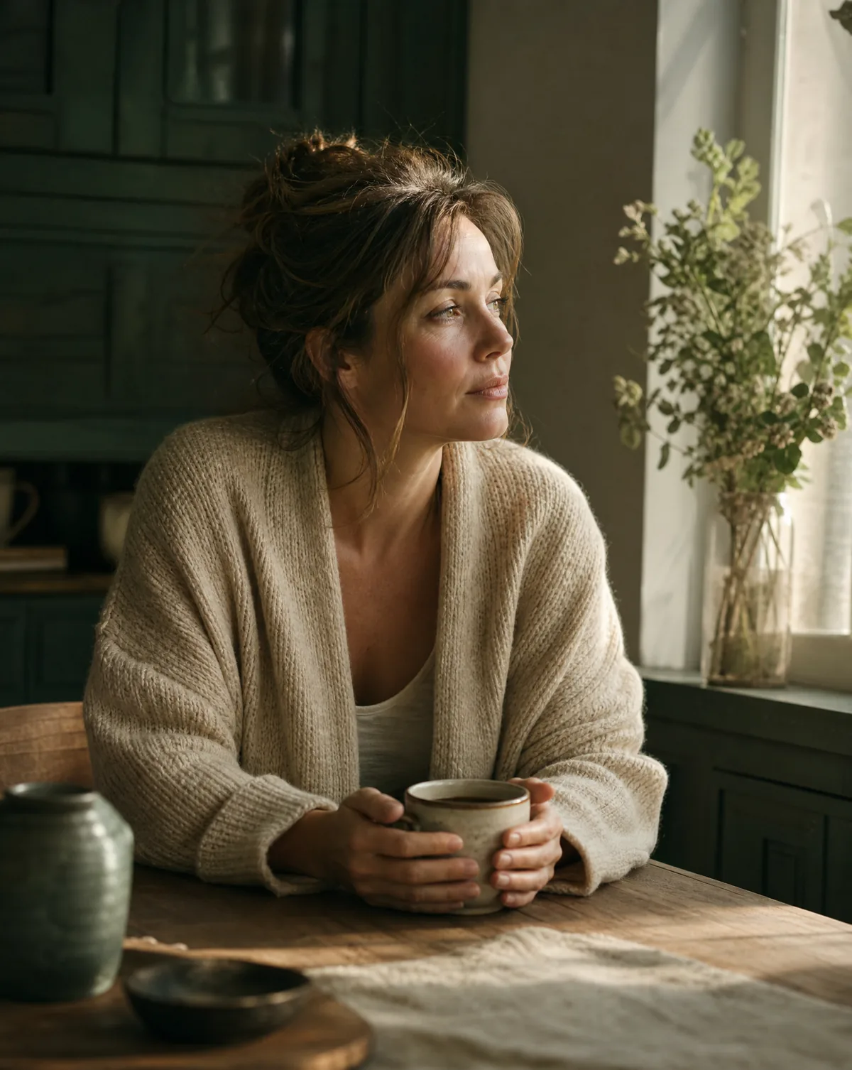 A woman at her kitchen table in early morning light, hands around a cooling cup of coffee, looking out the window.
